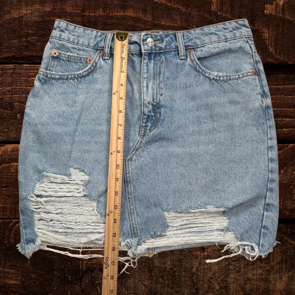 Zara High Rise Distressed Light Wash Denim Mini Skirt Size Large